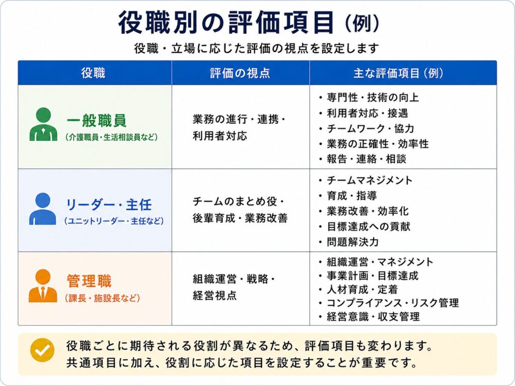 介護職員・リーダー・管理者別の人事評価項目例
