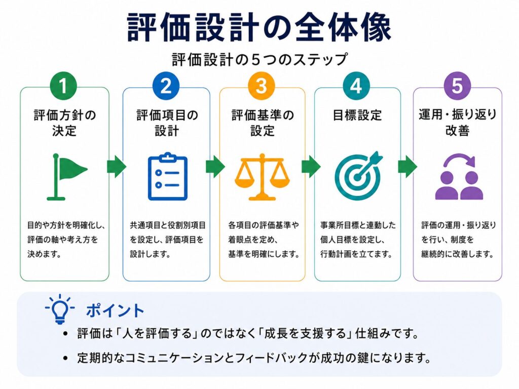 介護施設の人事評価を共通項目・役割別評価・個人目標に分ける図
