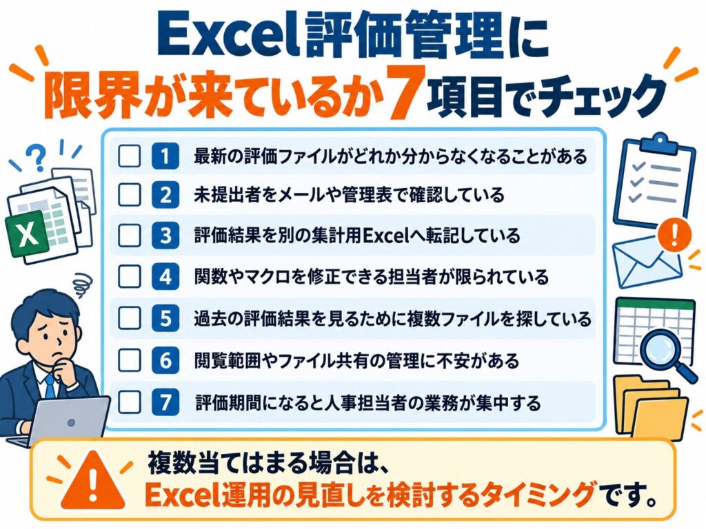 人事評価のExcel管理に限界が来ている7つのサインをまとめた図