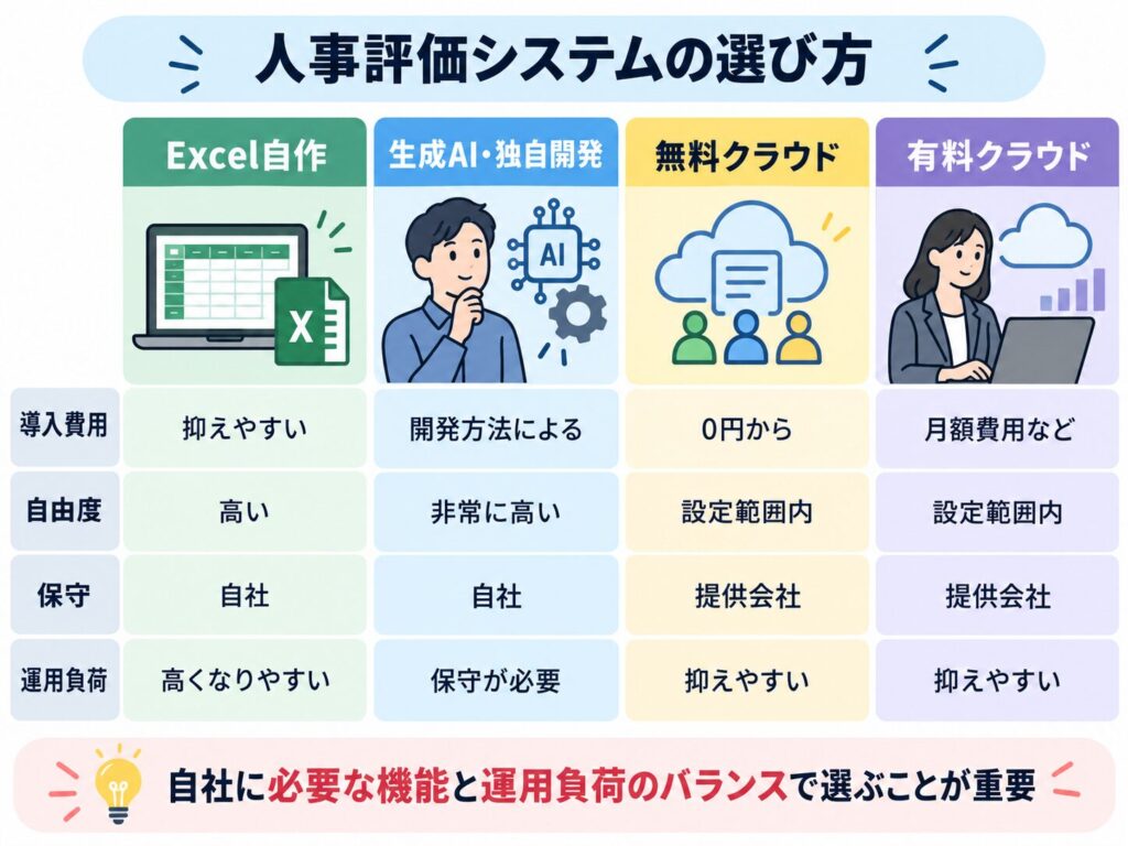 Excel自作、生成AI・独自開発、無料クラウド、有料クラウドを比較した人事評価システムの比較図