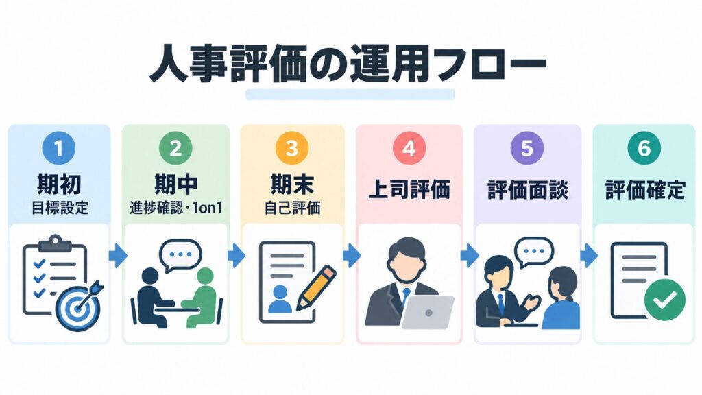 期初の目標設定から評価確定までの人事評価の運用フロー図